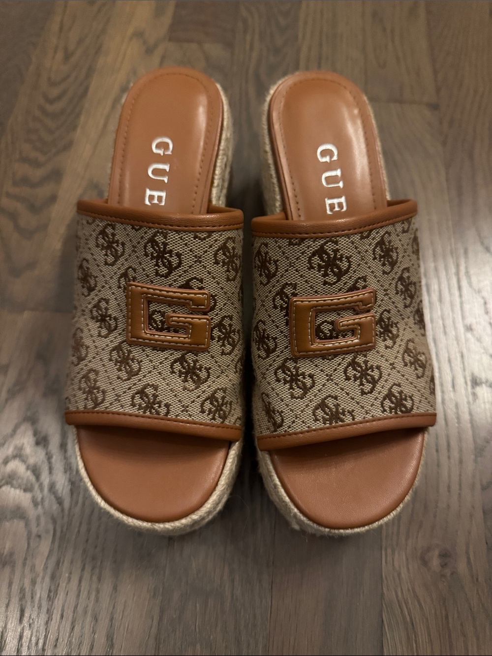 GUESS Brown Monogram Slide Mules with Tan Trim